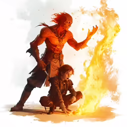 a painting depicting two women kneeling in front of a fire