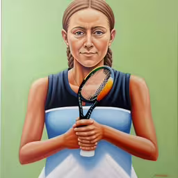 there is a painting of a woman holding a tennis racket,a painting of a woman holding a tennis racket
