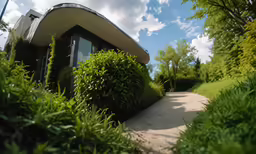 a house sits near some green plants and bushes