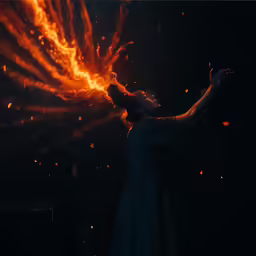 a woman standing with her arm out with the red light flowing down her