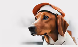 a dog wearing a hat and collar looking off into the distance