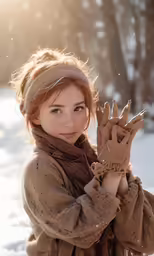 woman with brown scarf holding out her hands