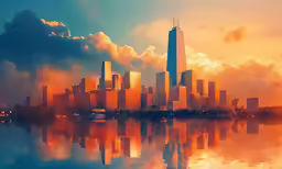 cityscape with sun and clouds behind it
