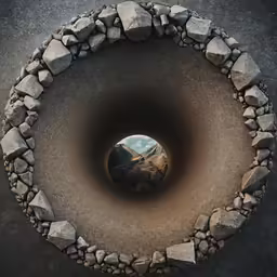 there is a circle made of stones with rocks around it