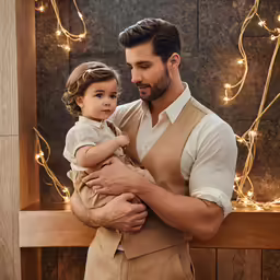 a man holding a baby while wearing a vest