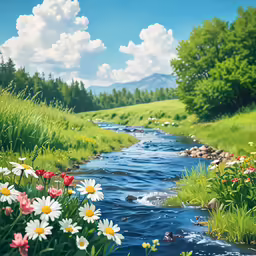 a river flows through a beautiful landscape with daisies