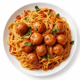 a white plate topped with pasta and small meatballs