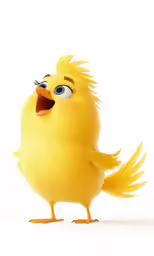 a yellow chicken is pointing its tongue out