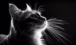 the black and white photo shows a cat looking to its left