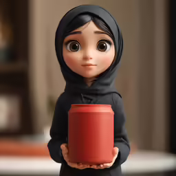 a doll is holding a red mug
