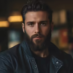a bearded man wearing a leather jacket and black shirt