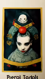 a print of two clowns facing each other with a skull on top