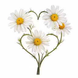 daisies with leaves forming a heart shape on white background