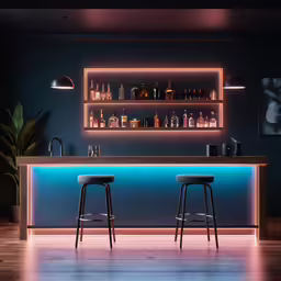 a bar with some stools and bottles on the shelves