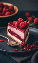 the raspberry cheesecake is on the plate with a spoon