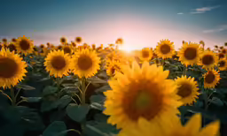 a field full of yellow sunflowers with the sun shining through the clouds