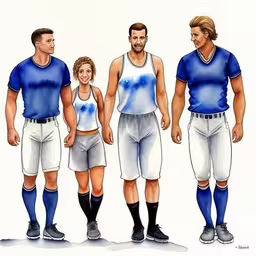 a woman and three men dressed in their sport clothing,three men with their respective uniforms and clothing,three men are standing in front of each other wearing their shirts,a couple of guys standing next to each other,three men in football uniforms standing next to each other