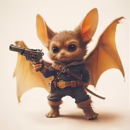 a small animal dressed in clothes and holding a gun