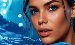 a woman is shown with bright blue eyes