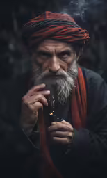 a man wearing a red shawl smokes a cigarette
