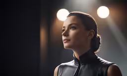 a woman with dark makeup and earrings stands in front of three spotlights