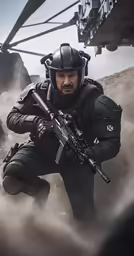 a man wearing all black while holding a gun