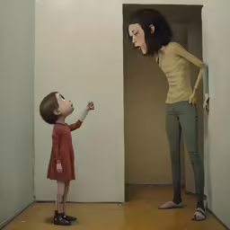 a woman and child that is standing near an open doorway