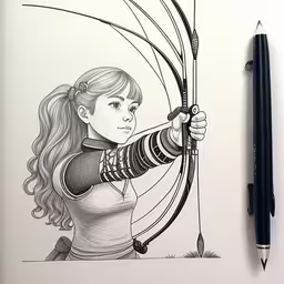 an artistic pencil drawing of a woman shooting a bow with a bow,a drawing of a girl aiming with a bow