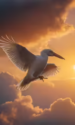 the white bird is flying above the clouds