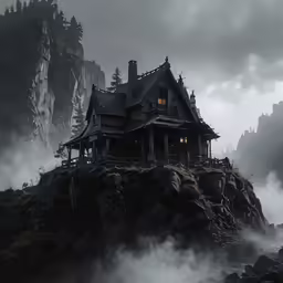 an old, lonely house with fog coming from below