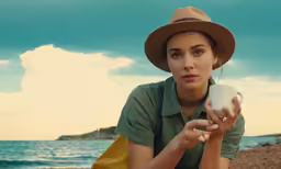 a woman on a beach sitting down and holding a cup