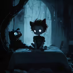 a scary looking kid with big eyes is sitting on a bed