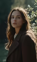 a woman standing in front of some bushes