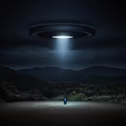 an alien hovering over a person standing under a halo