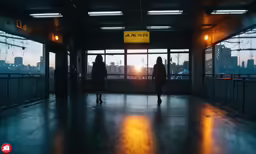 a couple walking in a large dark hallway with a window on the floor