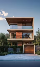 a contemporary building with garages in front of a sky