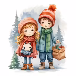 two children in winter clothes holding shopping bags