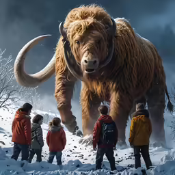a giant bison in the snow, surrounded by people