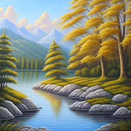 the painting is of a stream in the woods,a painting of mountains, trees, and the water
