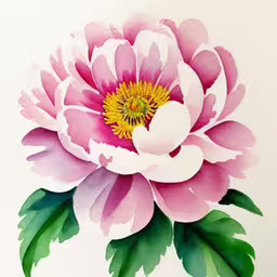 an art work of pink flower painted on paper,a painting of a pink flower with green leaves