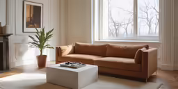 a brown leather sofa sitting in front of a fireplace