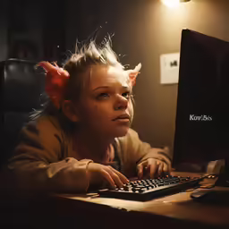 the young girl is staring at the computer