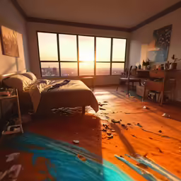 a messy bedroom with sunlight shining in from windows
