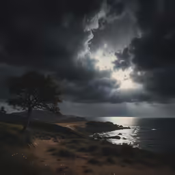 a lone tree in a grassy field by the ocean