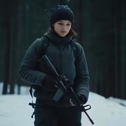 a woman walking in the snow with her rifle