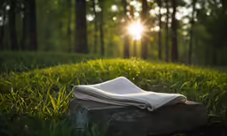 the white towel on the stone is laying in the grass