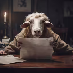 a sheep is sitting behind a piece of paper