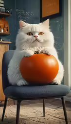 a cat is holding an orange on a chair