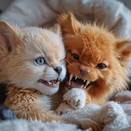 an orange cat laying next to a white dog