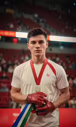 young man in white soccer uniform holding silver and green medal